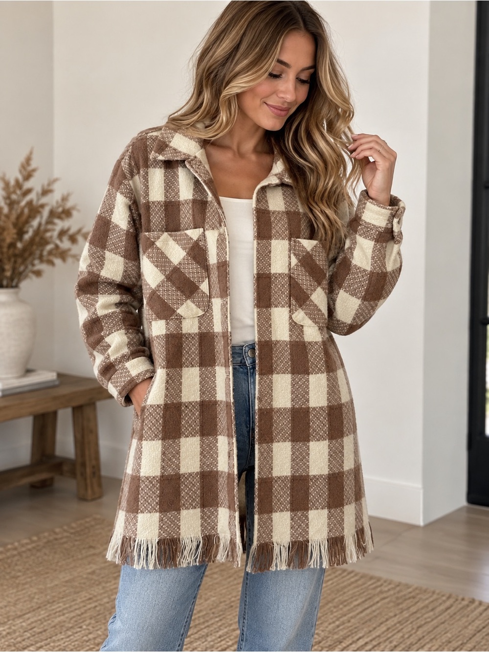 Promesa Long Plaid Wool Blend Jacket Shacket with Fringe